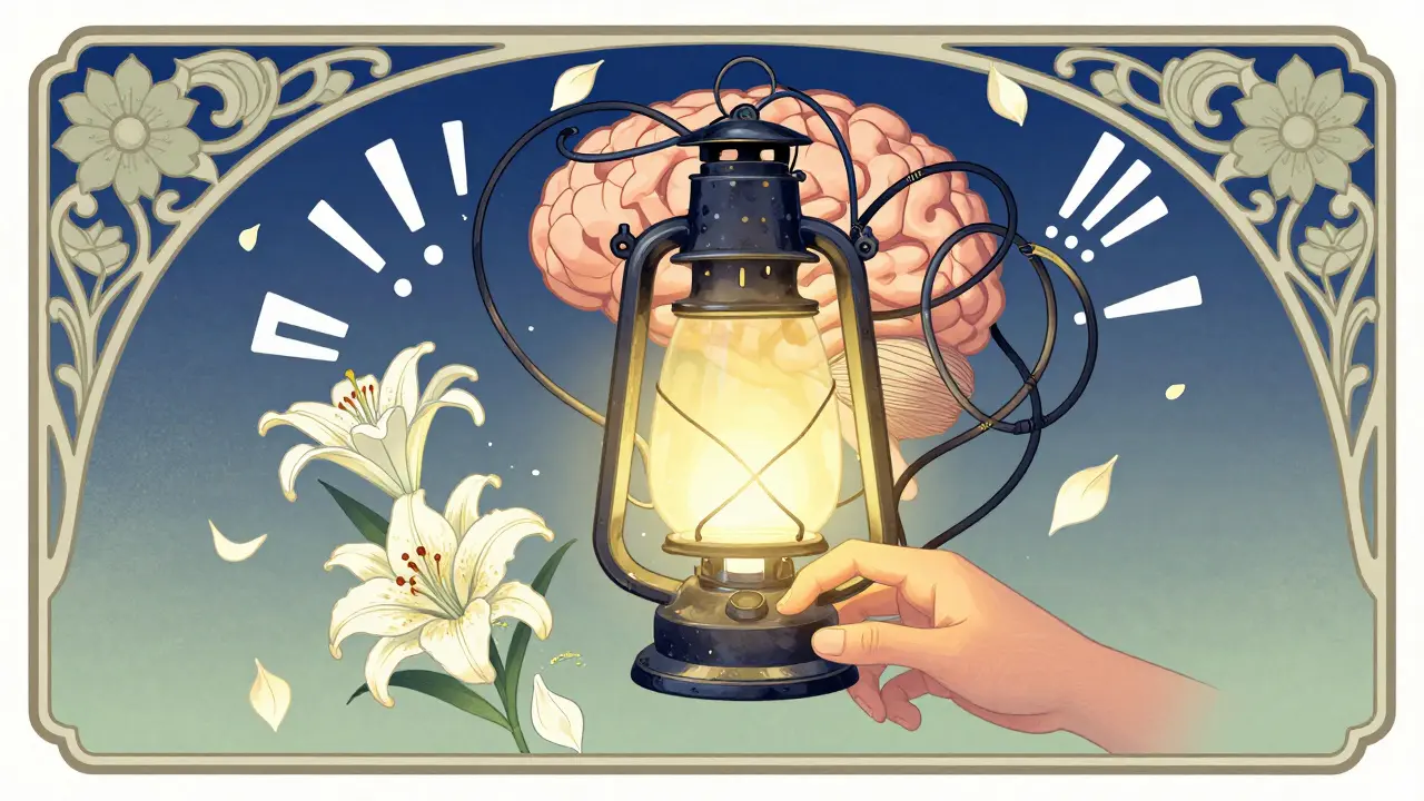 Lidská mysl jako lampa, kde digitální rušení převrácí na květy, ruka vypíná zařízení.