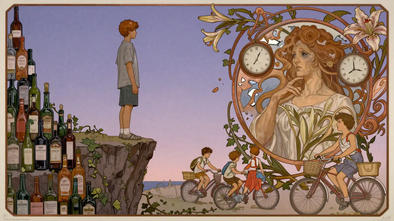 Mladý člověk na hraně hory z láhví, zrcadlo ukazuje jeho budoucnost, děti hrají bez alkoholu, styl art nouveau.