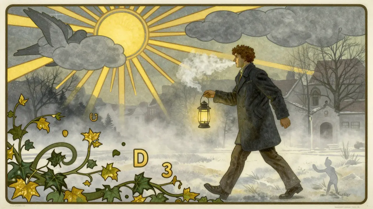 Muž kráčí v zimním ranním mlhách s lampou, slunce se prořízává skrze clony mrholení.