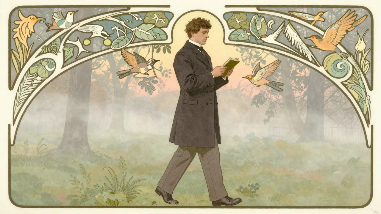 Muž prochází parkem ráno s knihou, kolem něj se vinou přírodní vzory a ptáci ve vzduchu.