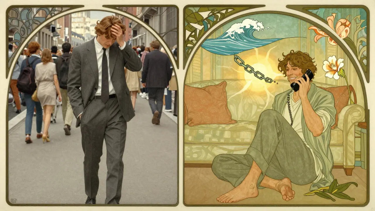 Muž v městě vs. muž doma – kontrast mezi stresem a klidem přes mobilní terapii v art nouveau stylu.