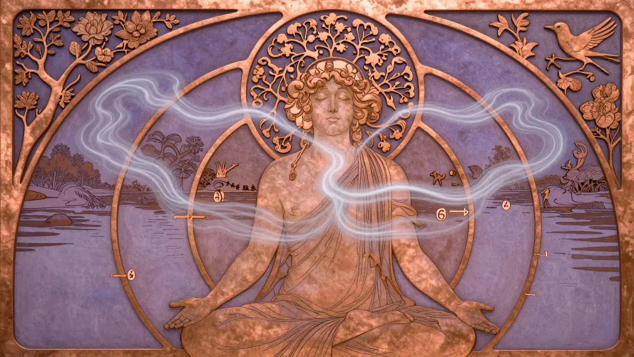 Osoba dýchá klidně, kolem ní se objevují květinové motivy představující klid a obnovu.