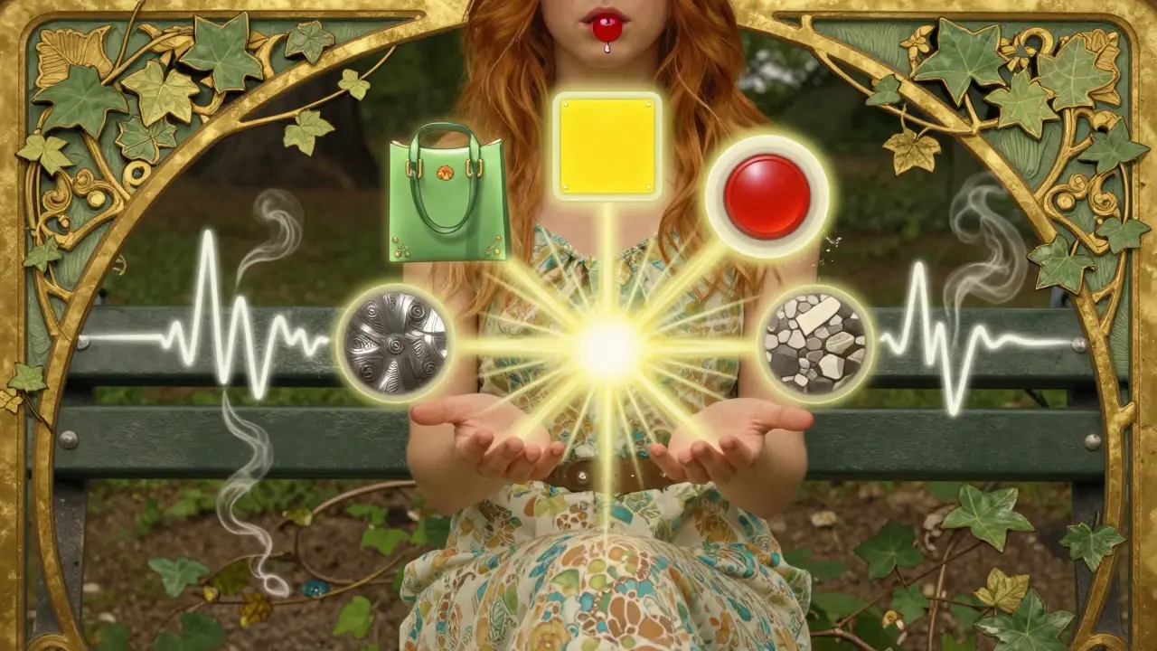 Osoba na lavičce s pěti smysly znázorněnými jako ozdobné prvky, připomínající techniku 5-4-3-2-1.