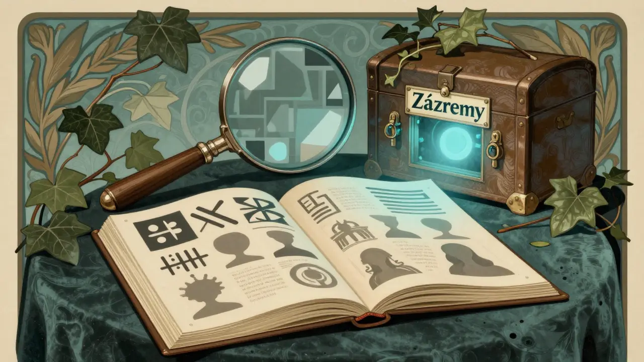 Otevřený záznam s anonymizovanými postavami a uzamčenou truhlou s dokumenty.