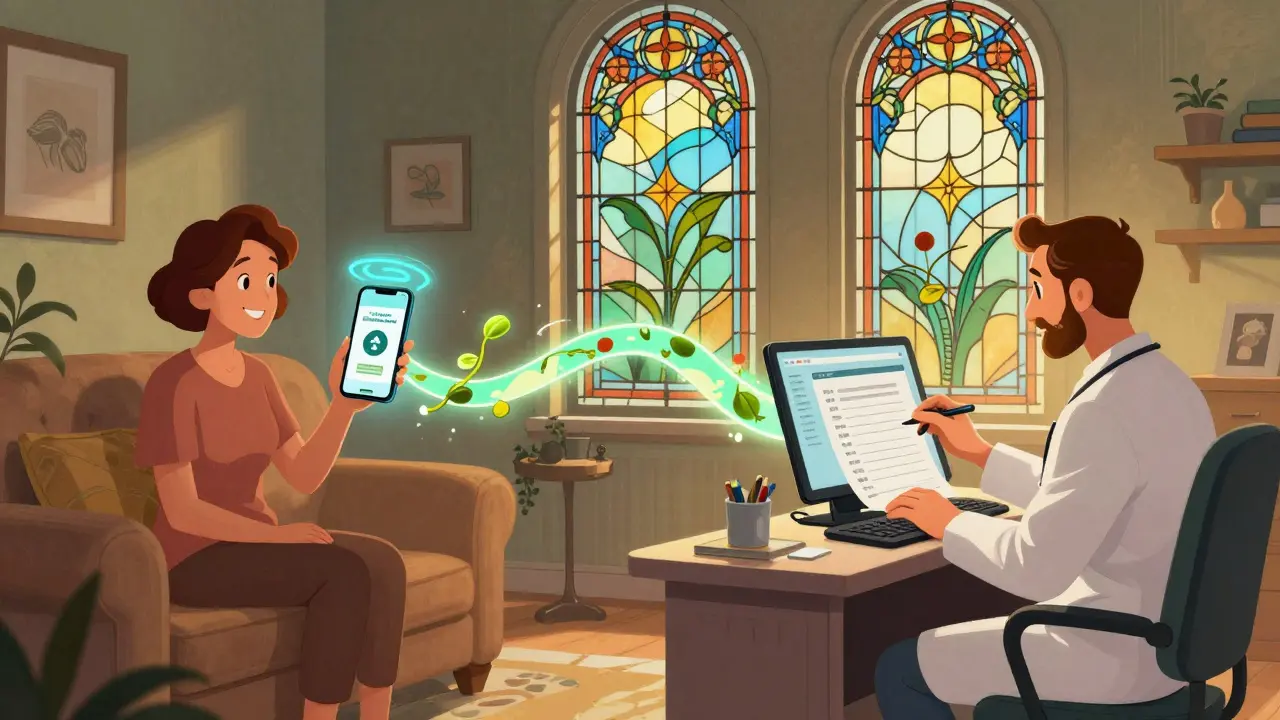 Pacient a psycholog spojeni proudem šifrovaných dat, oba v elegantském, Art Nouveau stylu.