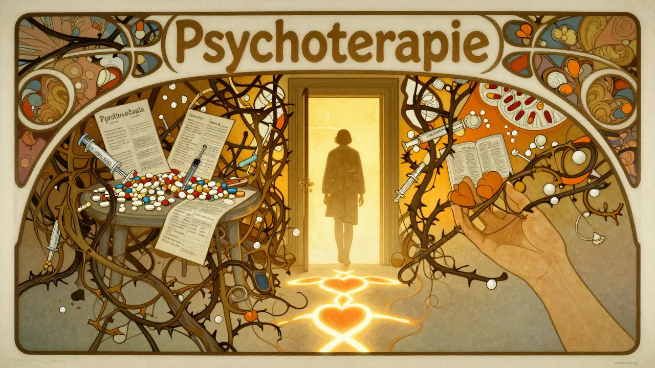 Postava stojí u dveří do psychoterapie, zatímco za ní leží hromada léků v křehkém, dekorativním stylu.