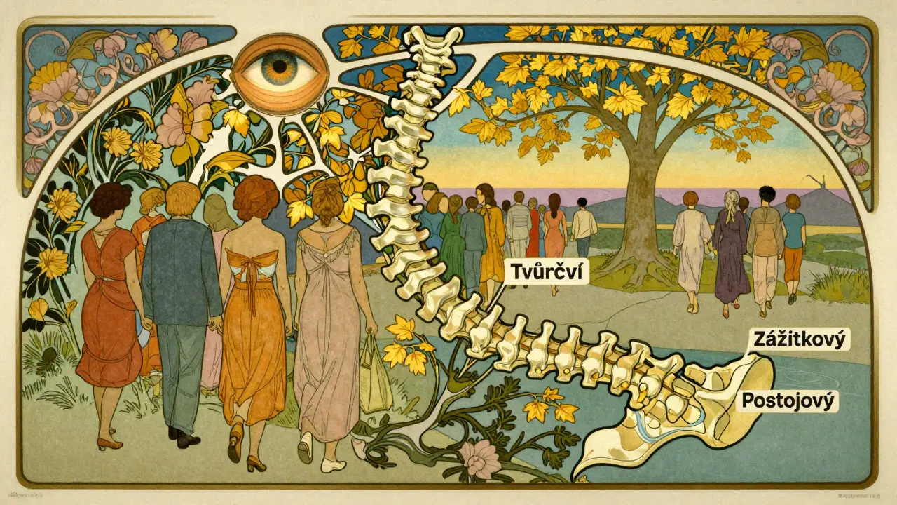 Pražská mapa jako páteř s cestami ke smyslu, obklopená květinami a zlatým stromem.