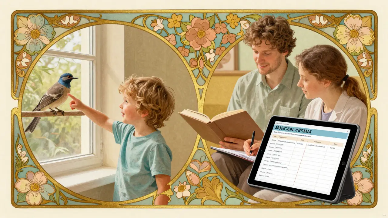 Rodina společně pozoruje ptáka, kolem nich jsou scény domácí terapie v ornamentálním stylu.