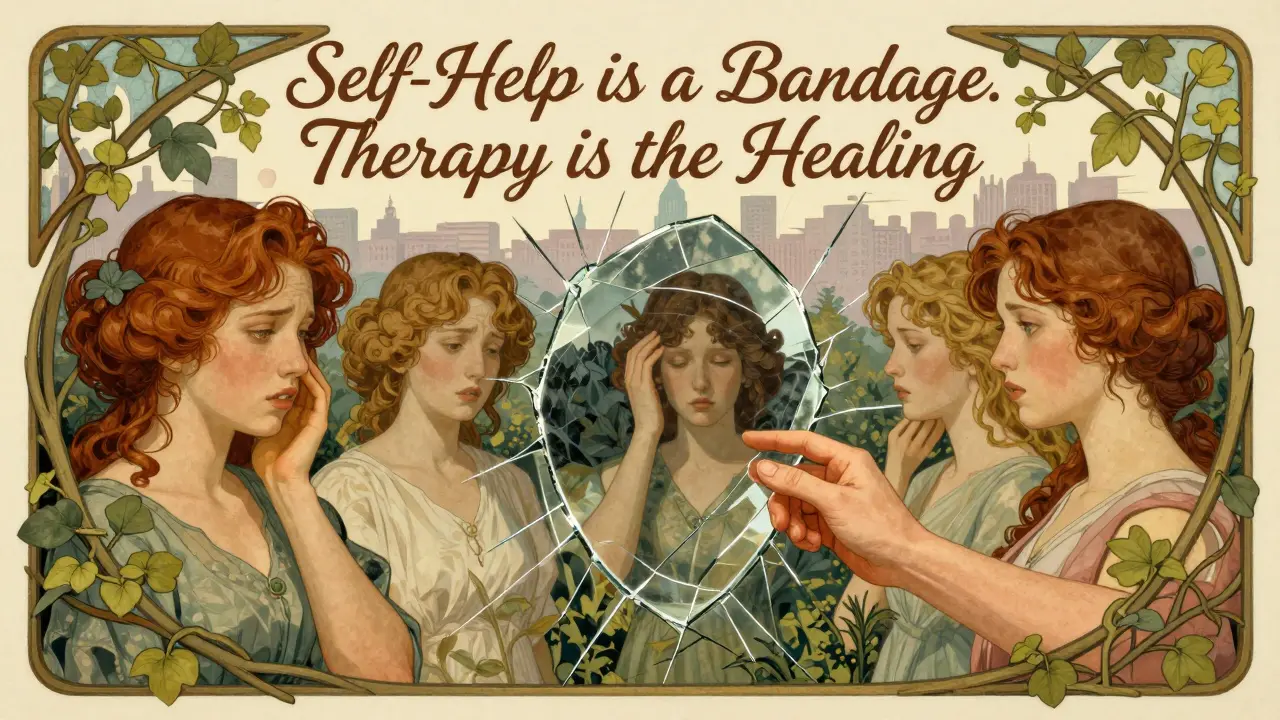 Rozbité zrcadlo se pomalu sestavuje pod vedením terapeuty v stylu art nouveau.