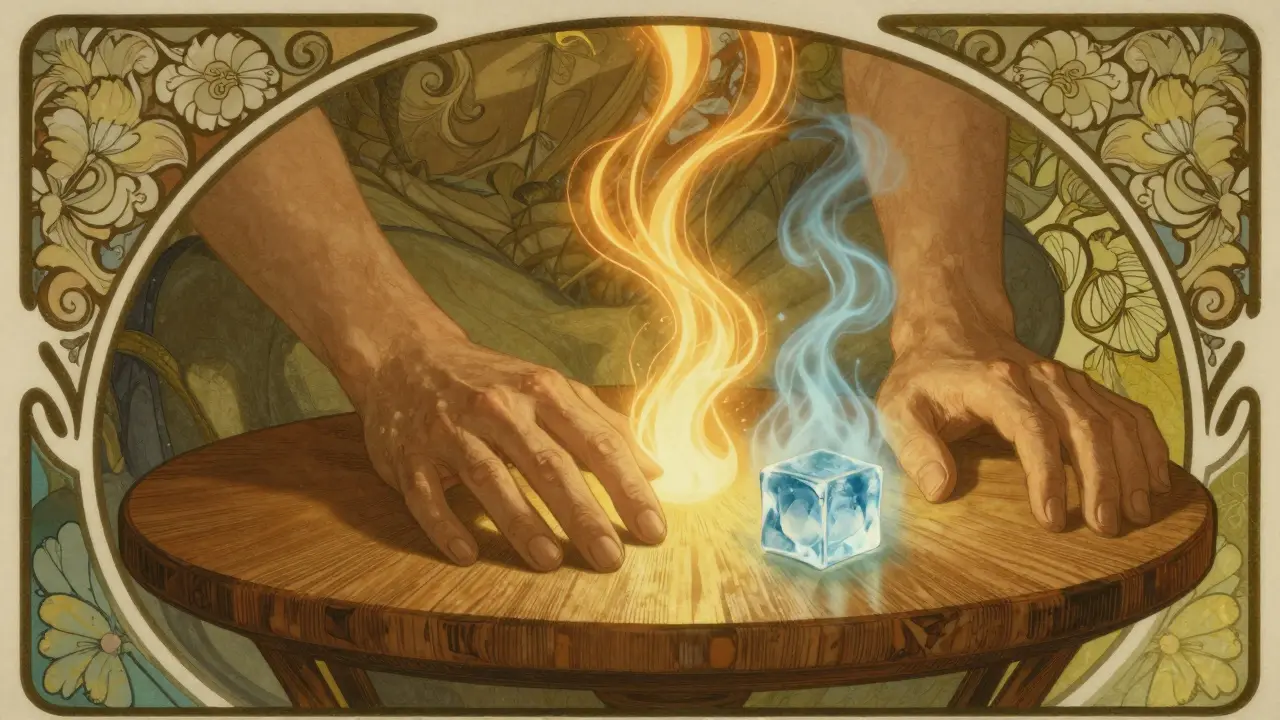 Ruce na stole s chladným kouskem ledu a zlatým zářivým působením, symbolizující uzemnění bez dotyku.