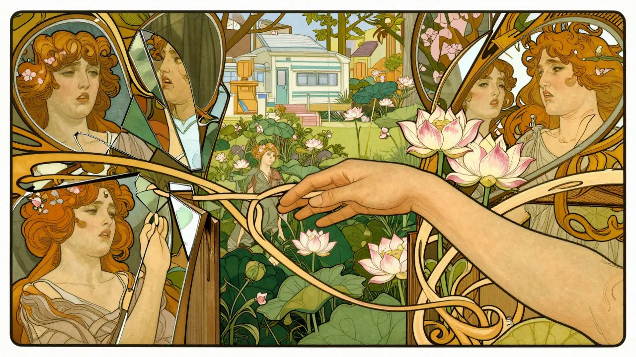 Ruce se protahují přes propast, kde zrcadla přeměňují v květy, spojené zelení a zlatem.