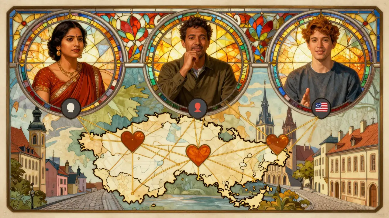 Různé osoby v virtuálních oknech jsou spojeny zlatými nitěmi na mapě České republiky.