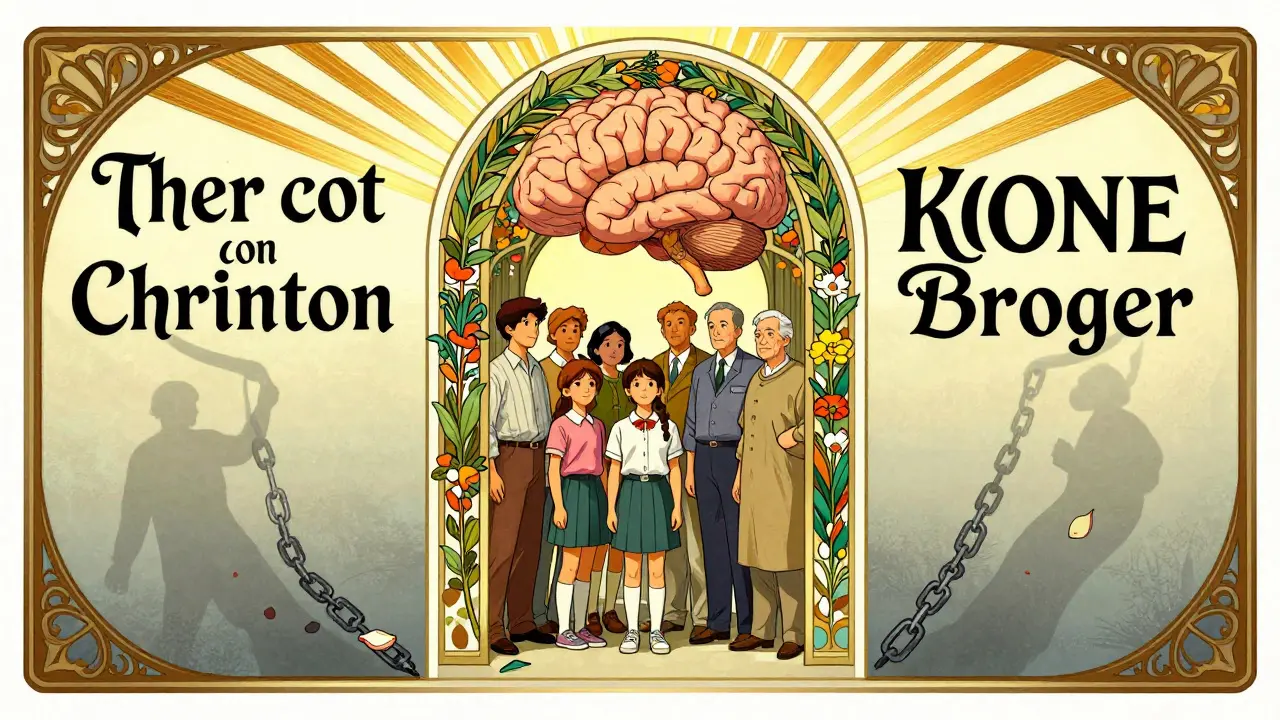 Různí lidé stojí pod mozkovitým obloukem, kde stigma mizí v květech.