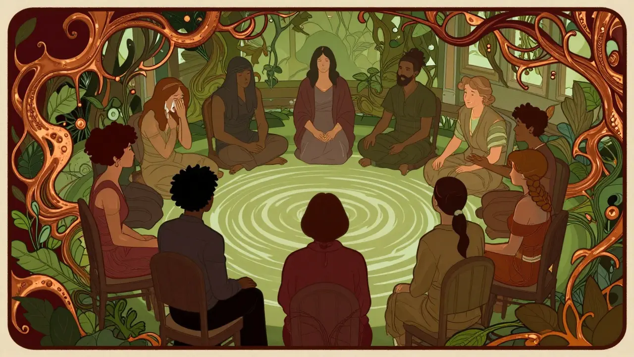 Skupina lidí v kruhu, jejich obrysy se prolínají, symbolizující skupinovou psychoterapii.