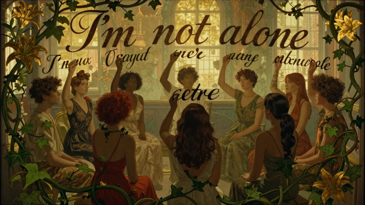 Skupina lidí v kruhu s neřečenými slovy nad hlavami, obklopená lístky a květy v art nouveau stylu.