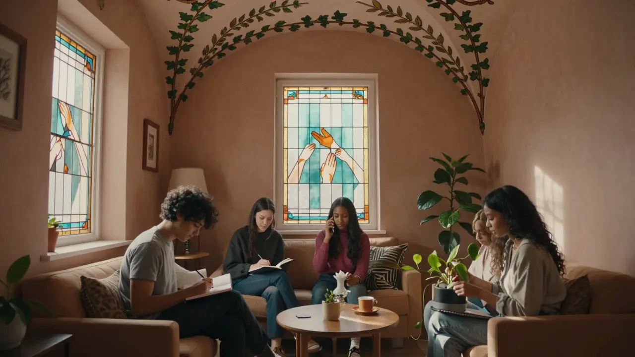 Skupina lidí v podpořujícím prostředí, kde každý najde klid a spojení v tiché společnosti.