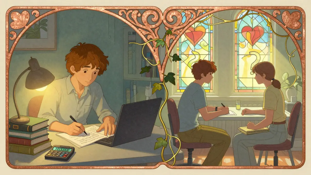 Split scene showing a student studying at home and later conducting therapy, connected by golden vines.