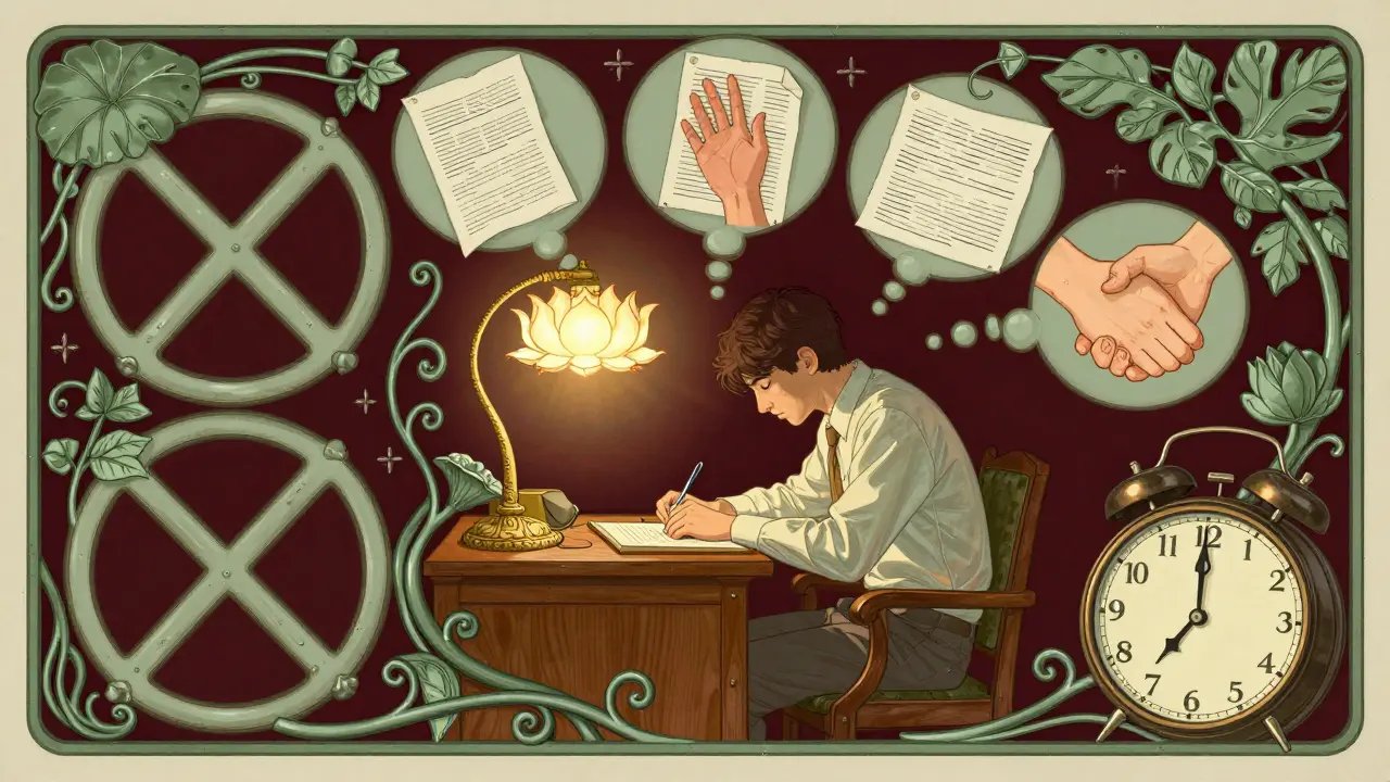 Studentka s myšlenkovými bublinami a symboly hranic a spánku, v elegantním art nouveau stylu.