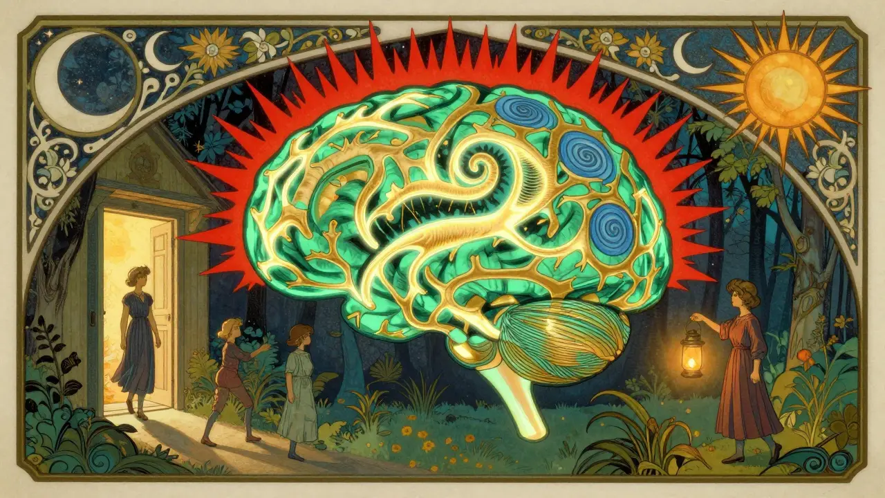 Stylizovaný mozek s přeměněnými nervovými cestami, okolo něj postavy představující nové, klidné sny.