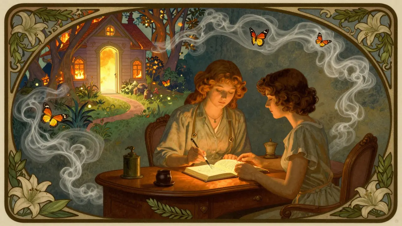 Terapeut a pacient společně přehlížejí deník snů, zatímco jejich nový bezpečný scénář se proměňuje v květinatou zahradu.