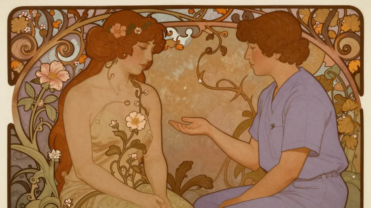 Terapeut a pacient v klidné místnosti, kde květiny rostou z jejich těl, symbolizující důvěru.