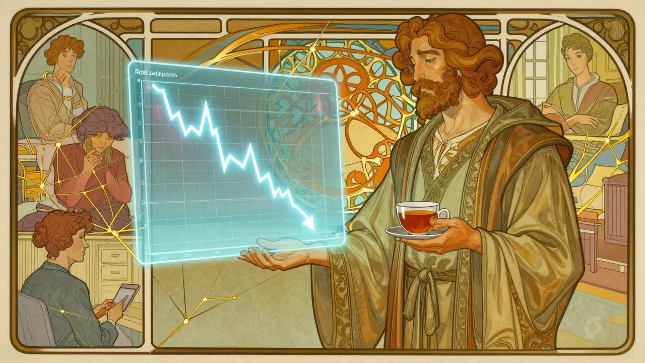 Terapeut ukazuje na rostoucí křivku účinnosti terapie, kolem něj spojení klientů zlatými vlákny.