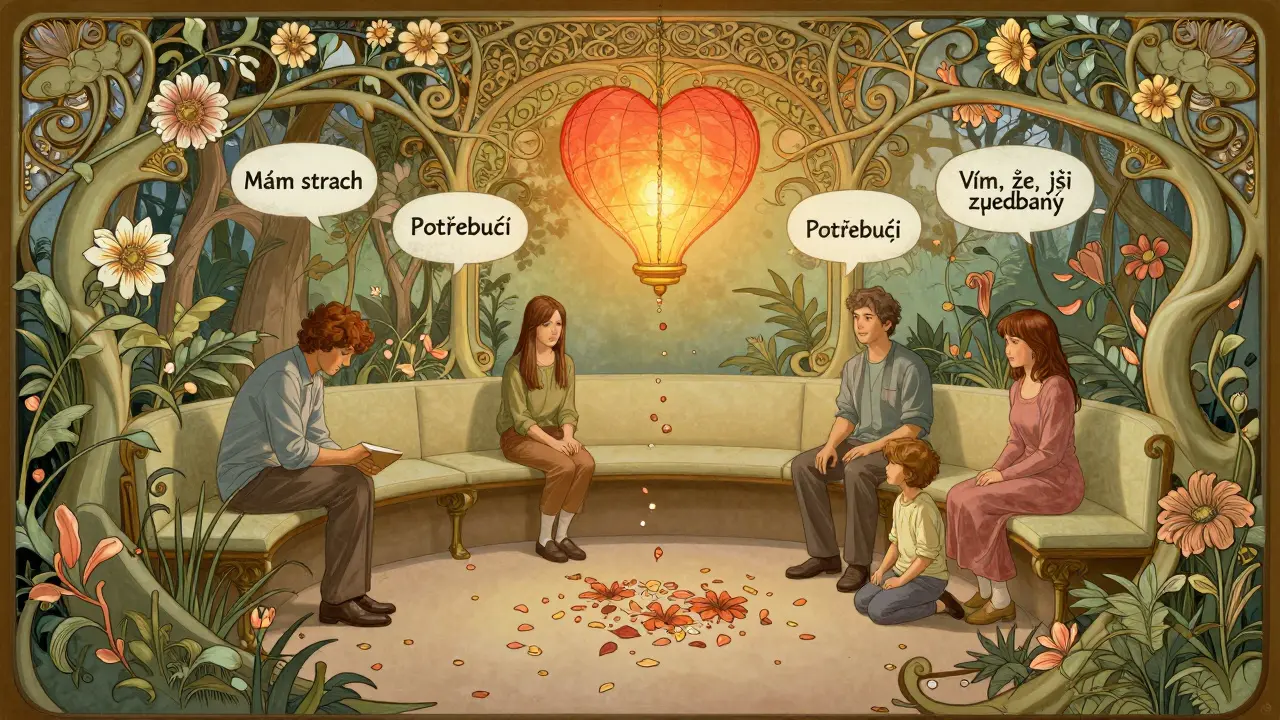 Terapeutický prostor jako zahradní kruh s květy, které vyrůstají z výroků o citích.