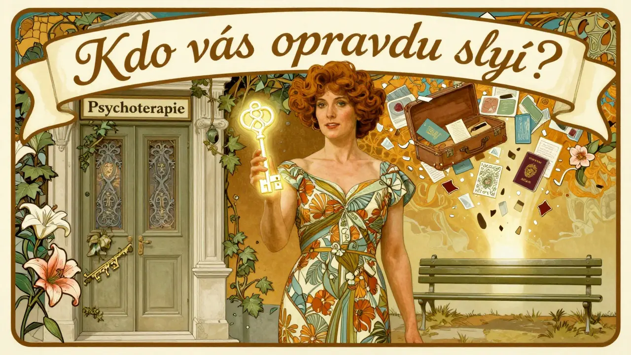 Terapeutka drží klíč s anglickými a českými písmeny, otevírá dveře s nápisem 'Psychoterapie'.