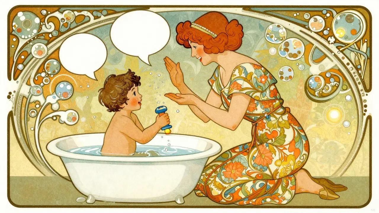 Terapeutka hraje s dítětem ve vaně, voda a bubliny tvoří symboly komunikace.