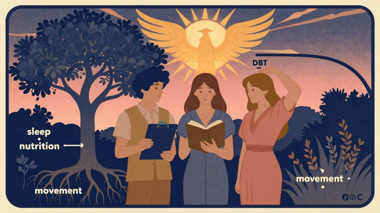 Tři postavy v zahradě s symboly zdravého životního stylu a růstem, v art nouveau reklamním stylu.