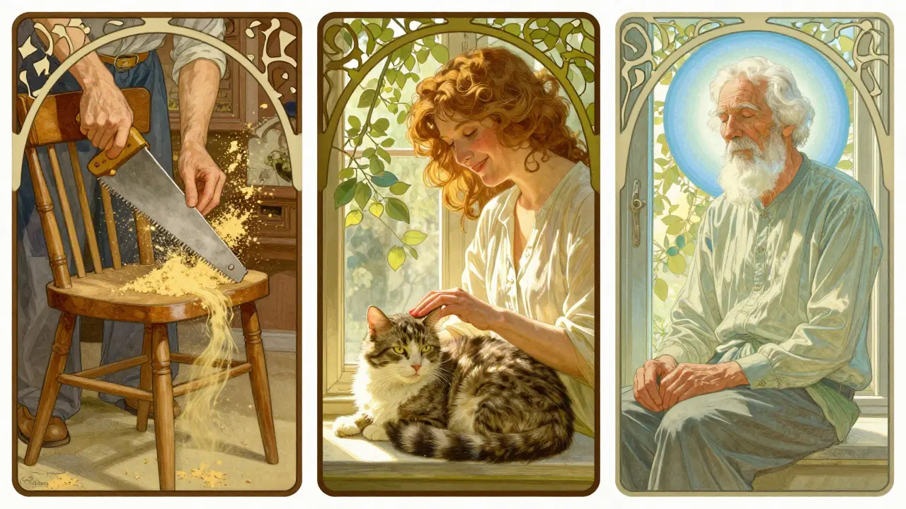 Tři scény: výroba nábytku, slunce na kočce a klidné přijetí ztráty.