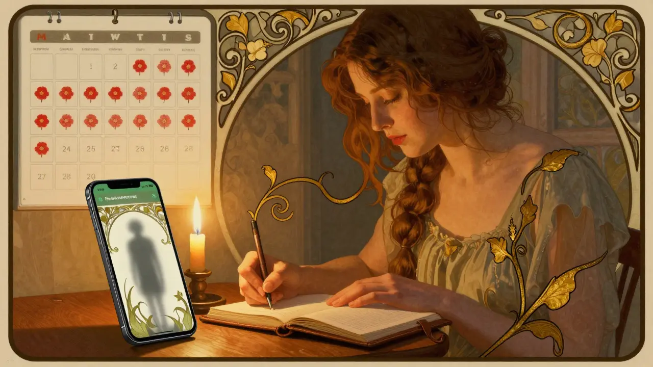 Žena píše do deníku ve světle svíčky, vedle ní telefon s nečitelnými ikonami.