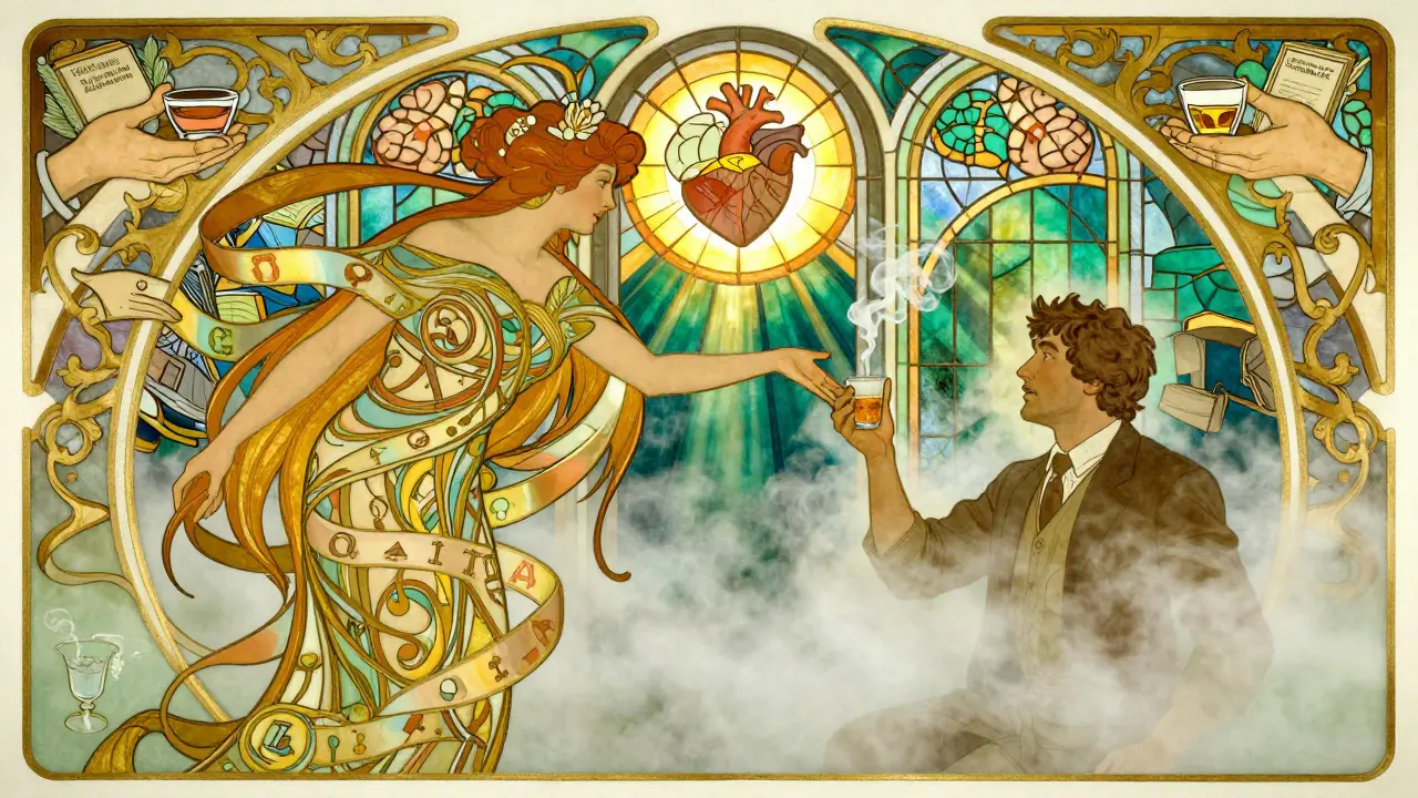 Žena v šatě z lékařských symbolů táhne k muži z kouře alkoholu, za nimi východ slunce ve tvaru mozku a srdce.