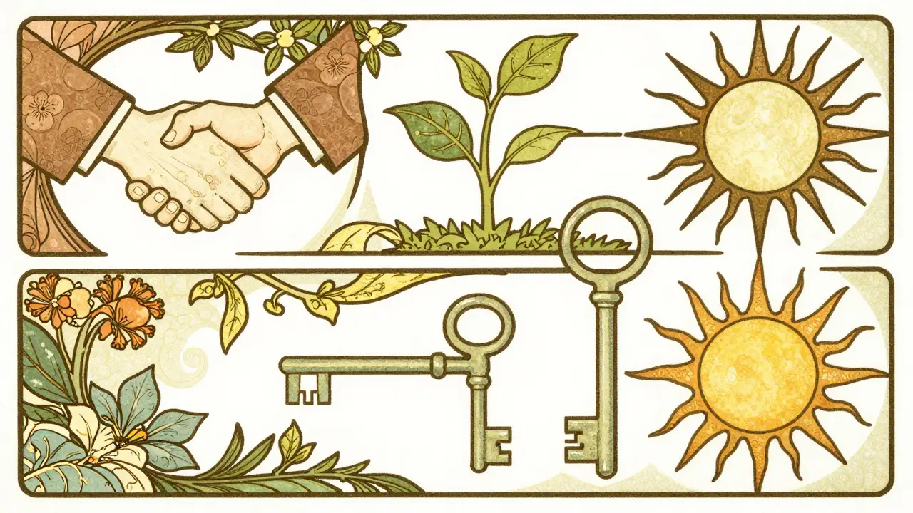 Čtyři fáze rozhovoru bezpečí jako stylizované symboly v Art Nouveau designu