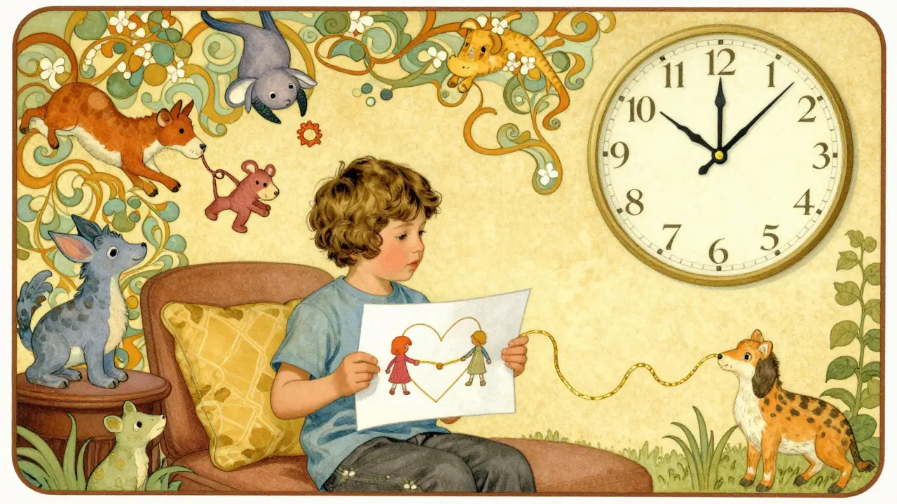 Dítě hraje s hračkami v terapeutické místnosti, kolem něj plavou příběhové postavičky, znázorňující hrátkovou terapii.