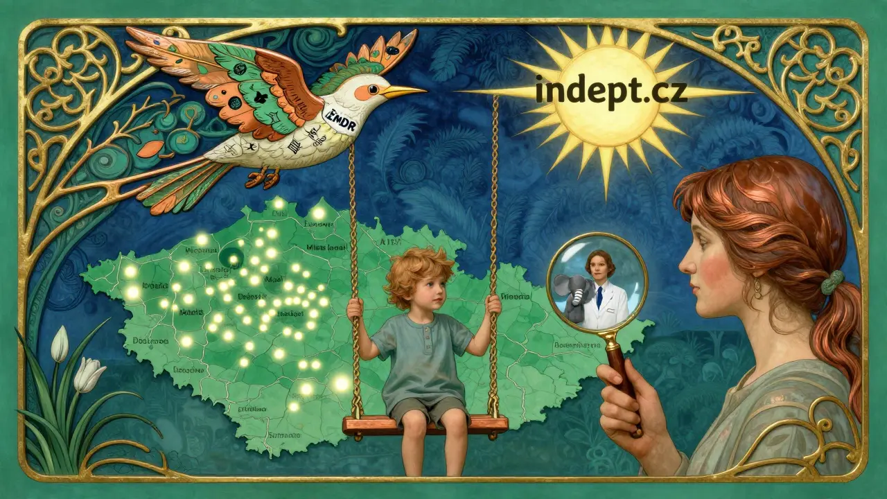 Dítě na swingu z rukou nad mapou ČR s ikonami KBT a EMDR, v art nouveau stylu.