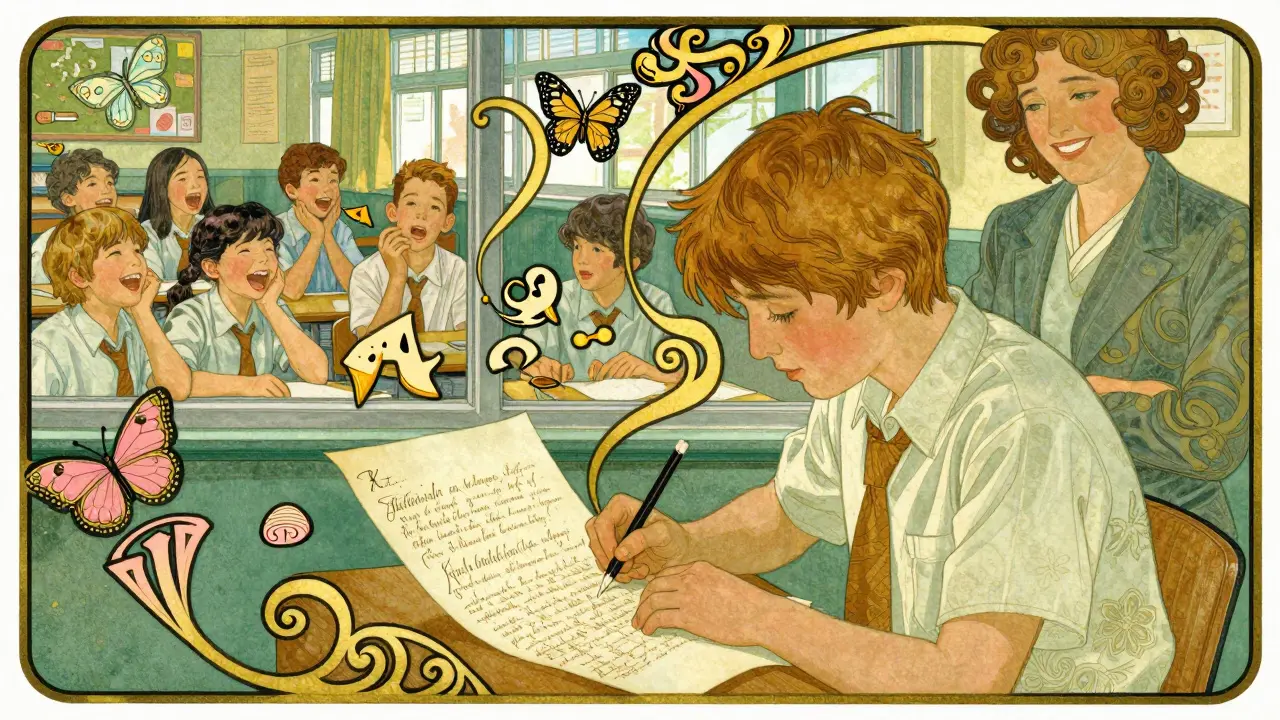 Dívka píše dopis svému vnitřnímu hlasu, zatímco její strachy se mění v motýly, kolem ní živá škola.