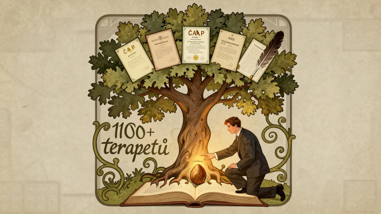 Dub rostoucí z knihy ČAP s certifikáty a supervisiony, v art nouveau stylu.