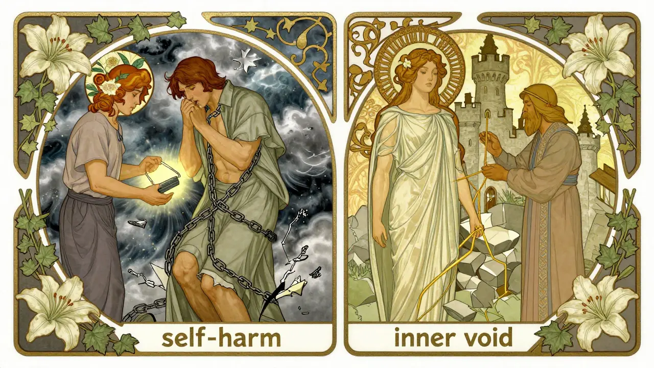 Dvě postavy: jedna v krizi s nástroji DBT, druhá s prázdnou vnitřní strukturou, kterou opravuje terapeut.