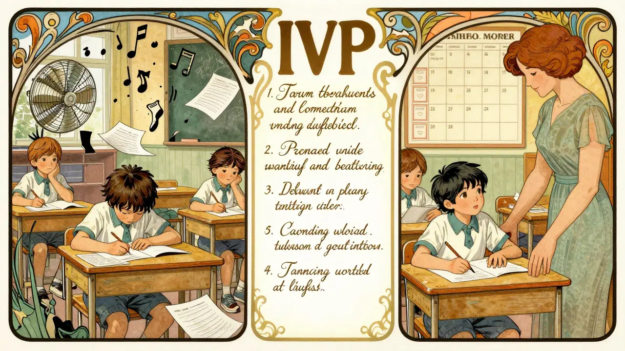 Dvě scény: jedna s dítětem přetíženým rušivými podněty, druhá s dítětem podporovaným strukturou a vizuálními nástroji.