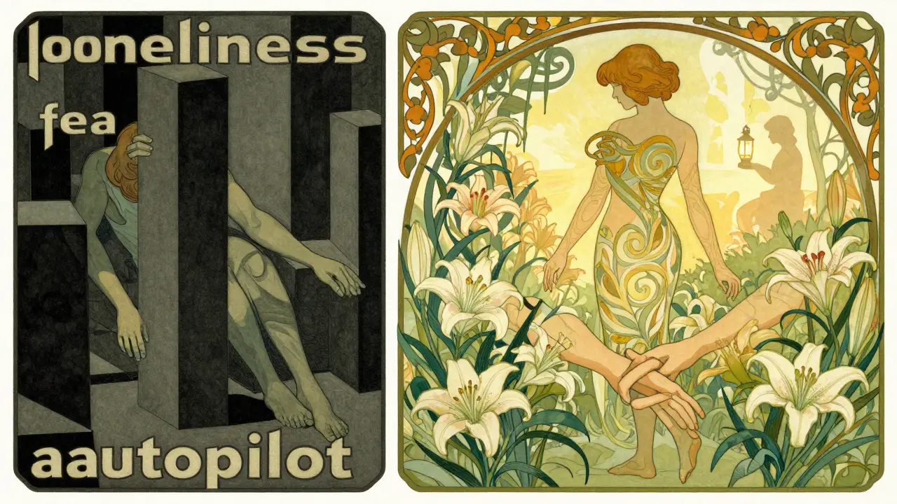 Dvě strany jedné osoby: jedna v temných tvarech, druhá v kvetoucím světle — transformace přes terapii.