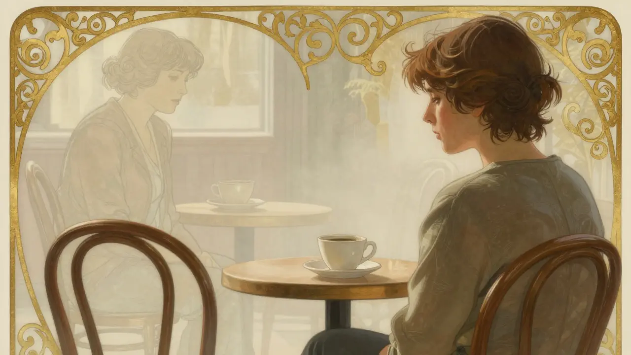 Klient sedí v kavárně, vidí jen stín svého terapeuta – symbol neřečených emocí a hranic.