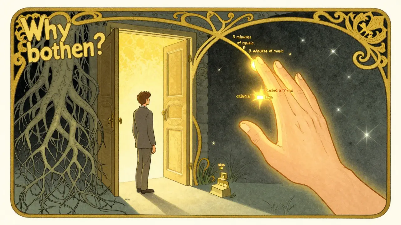 Klient stojí na prahu změny, kde malé kroky září v temnotě, zatímco terapeutova ruka tiše vedouc.