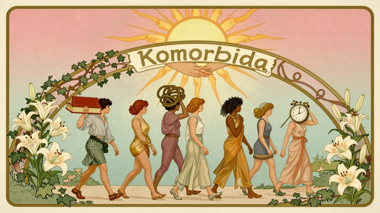 Lidé na cestě, jejichž zátěže se mění ve světlo pod archem s názvem 'Komorbida'.