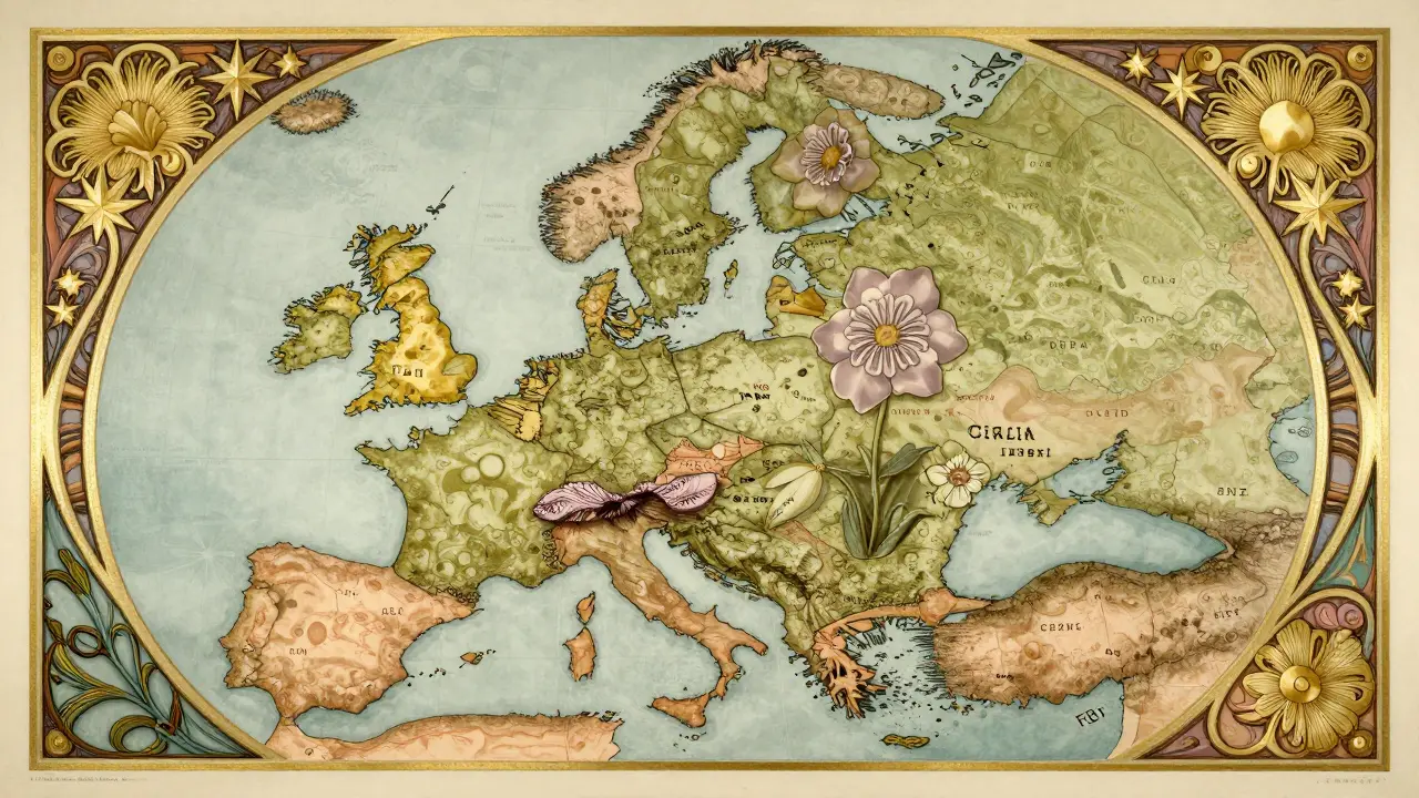 Mapa Evropy s květinovými symboly pro porovnání zemí