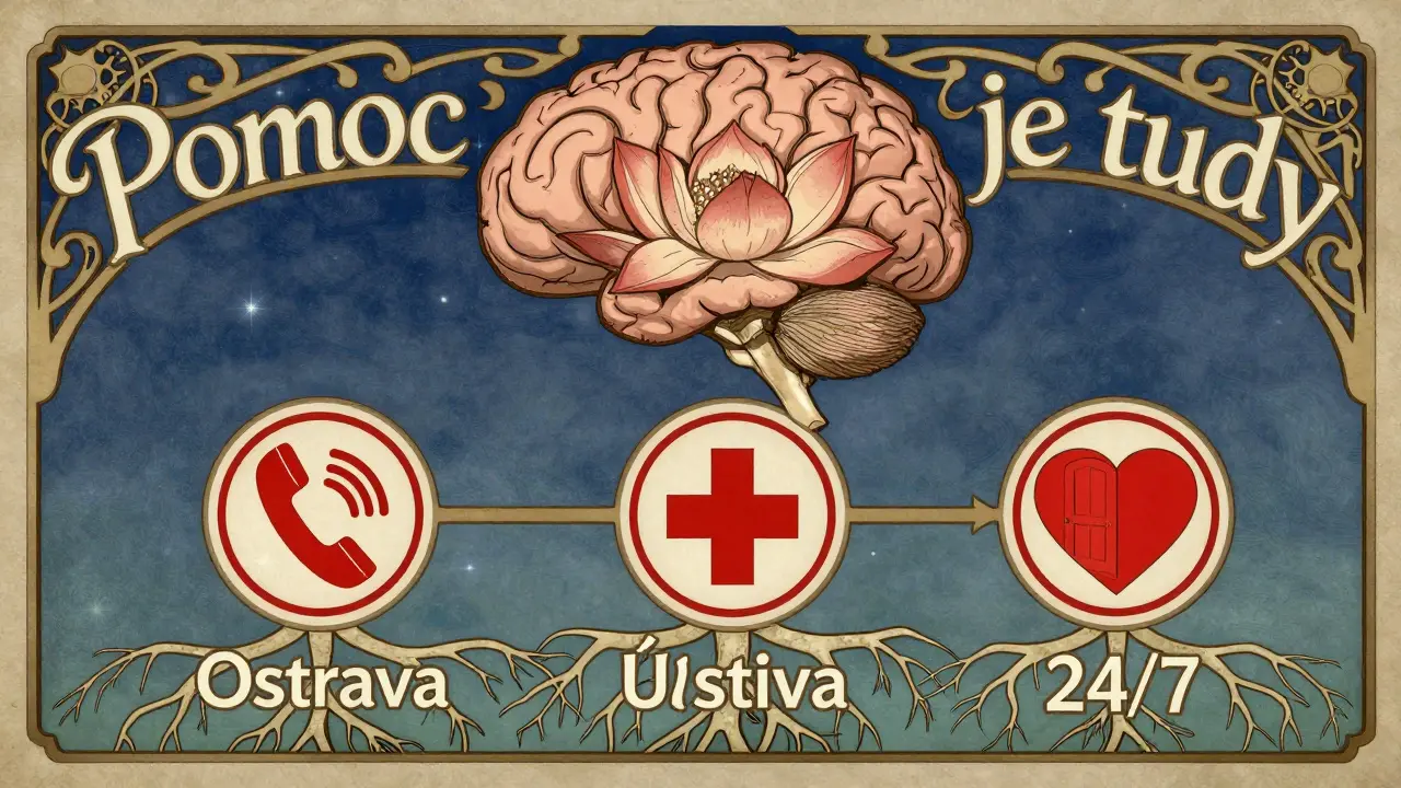 Mozek jako květ lotosu s kořeny vedoucími k třem krizovým službám v Česku.