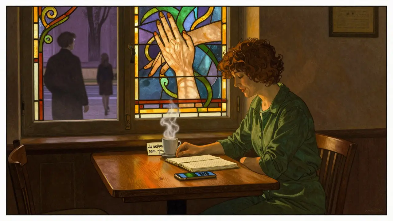 Muž sedí v nočním centru zotavení, osvětlený výklenkem s vitráží, symbolizující podporu.