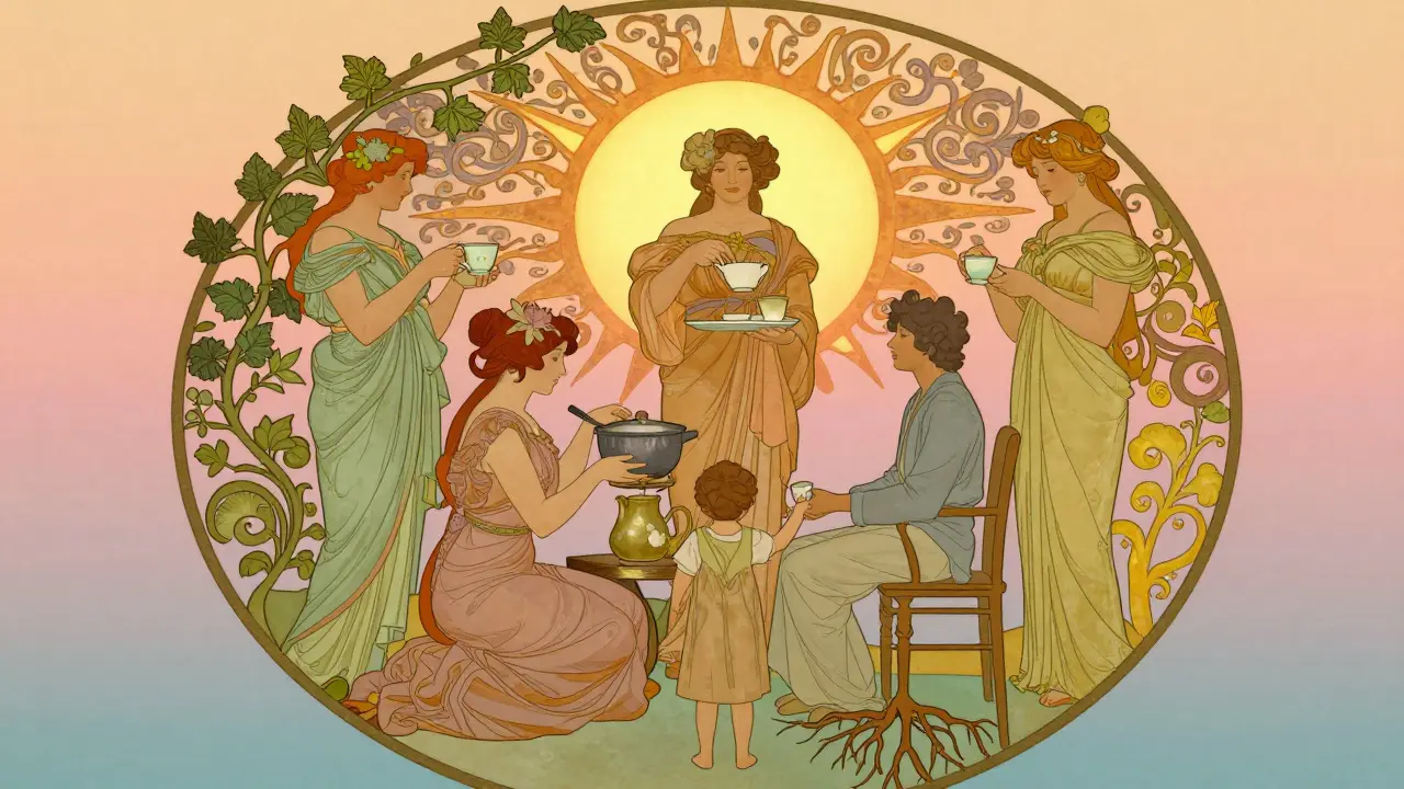 Pět postav symbolizujících různé aspekty doléčovacího programu v roztomilém, květinovém stylu.