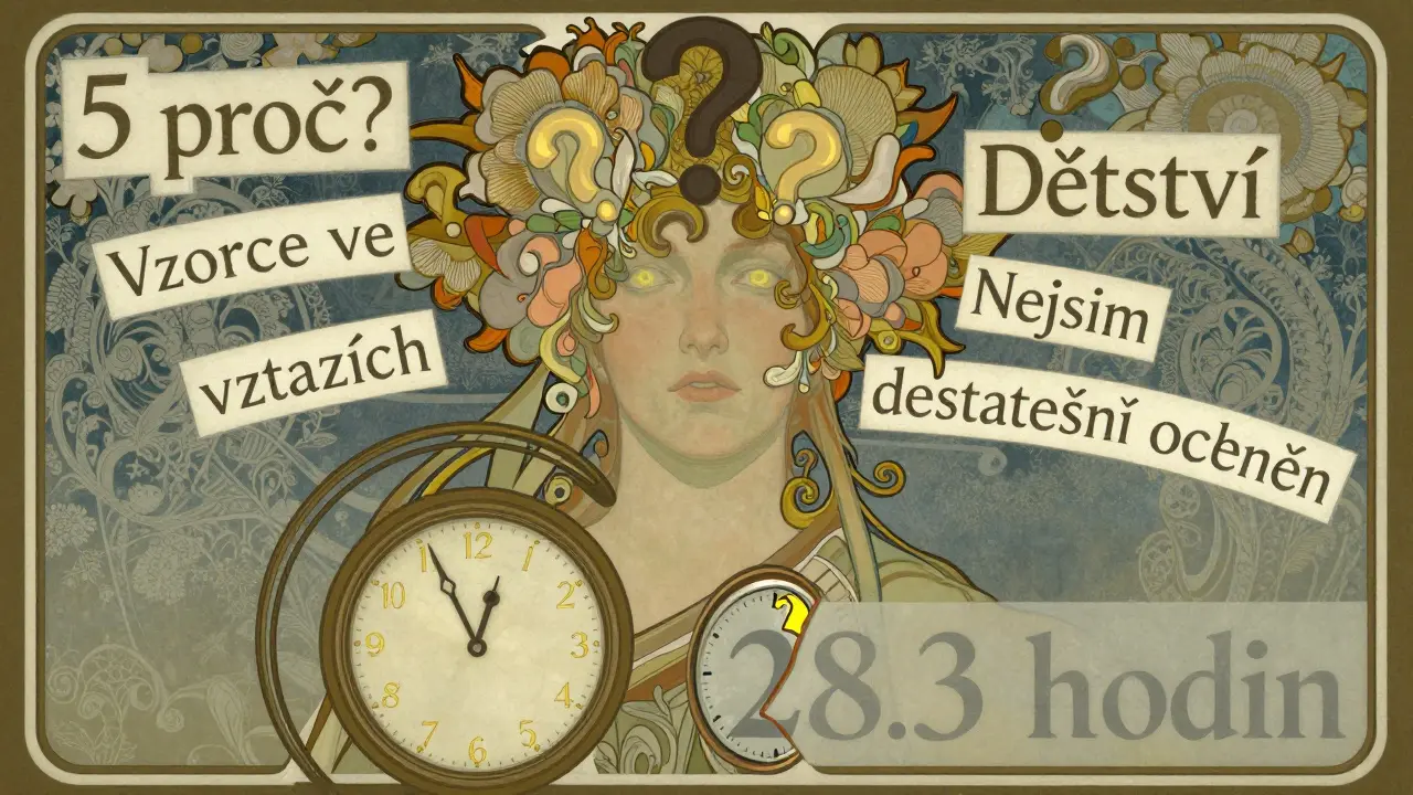 Portrét s květinovou korunou z otazníků, kolem něj klíčové výrazy a hodiny s časy terapie.