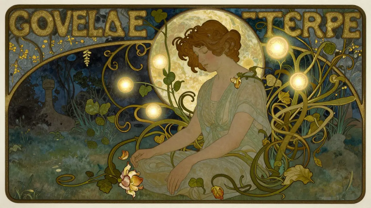 Postava v zahradě při měsíčním světle, obklopena světlými koulemi, symbolizující sebevědomí a klid.